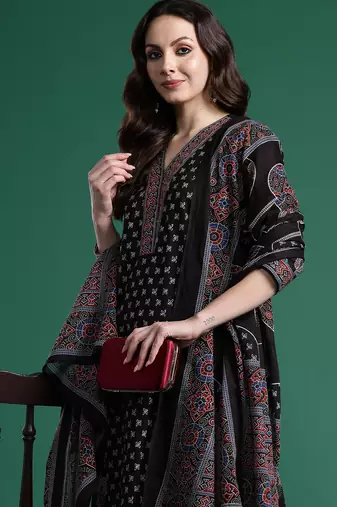 Black printed pure cotton kurta trouser dupatta set
