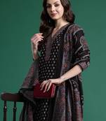 Black printed pure cotton kurta trouser dupatta set