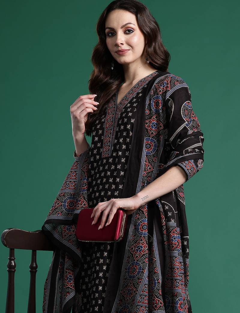 Black printed pure cotton kurta trouser dupatta set