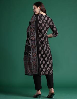 Black printed pure cotton kurta trouser dupatta set 2