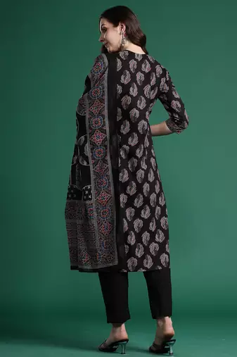 Black printed pure cotton kurta trouser dupatta set