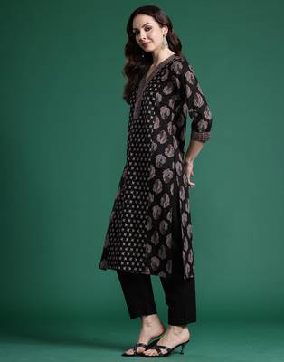 Black printed pure cotton kurta trouser dupatta set 3