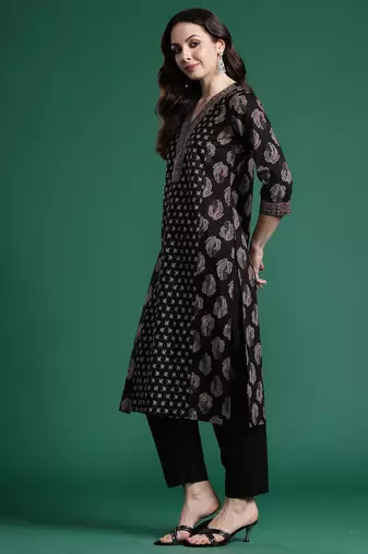Black printed pure cotton kurta trouser dupatta set