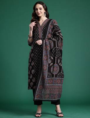 Black printed pure cotton kurta trouser dupatta set 4