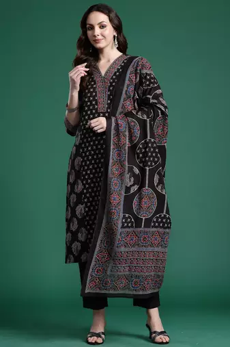 Black printed pure cotton kurta trouser dupatta set