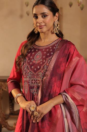 Pink embroidered silk kurta trouser dupatta set