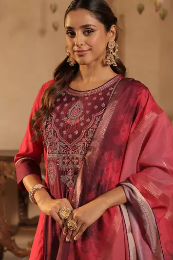 Pink embroidered silk kurta trouser dupatta set