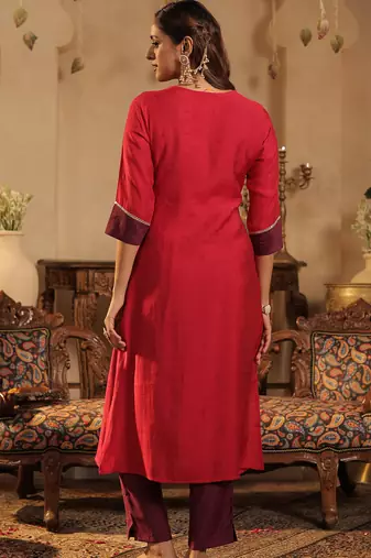 Pink embroidered silk kurta trouser dupatta set
