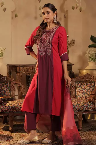 Pink embroidered silk kurta trouser dupatta set