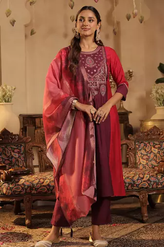 Pink embroidered silk kurta trouser dupatta set