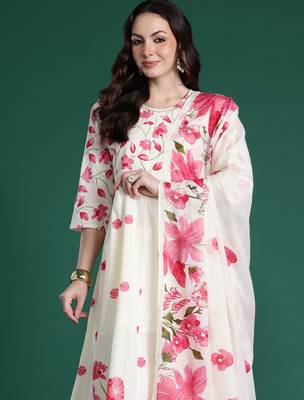 Off white printed pure cotton kurta trouser dupatta set 1