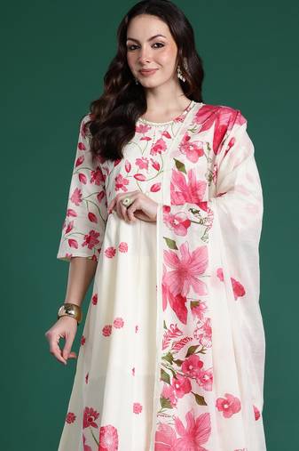 Off white printed pure cotton kurta trouser dupatta set