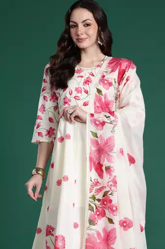 Off white printed pure cotton kurta trouser dupatta set