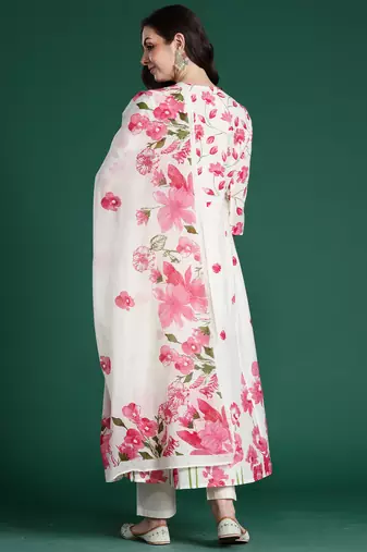 Off white printed pure cotton kurta trouser dupatta set