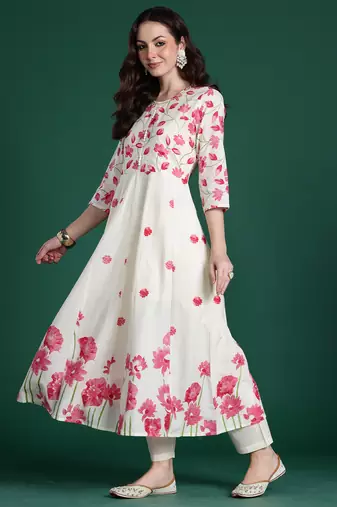 Off white printed pure cotton kurta trouser dupatta set
