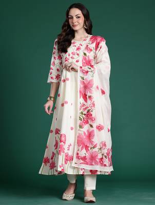 Off white printed pure cotton kurta trouser dupatta set 4