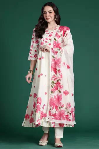 Off white printed pure cotton kurta trouser dupatta set