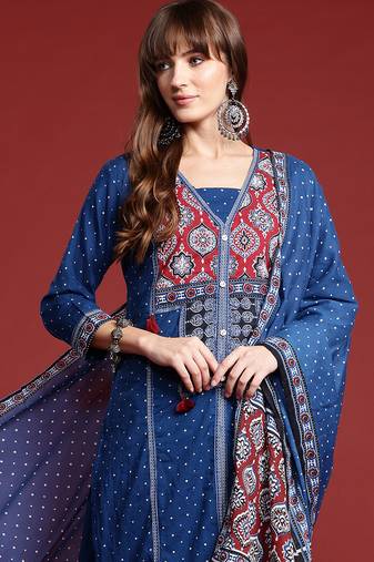 Blue printed pure cotton kurta trouser dupatta set
