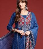 Blue printed pure cotton kurta trouser dupatta set