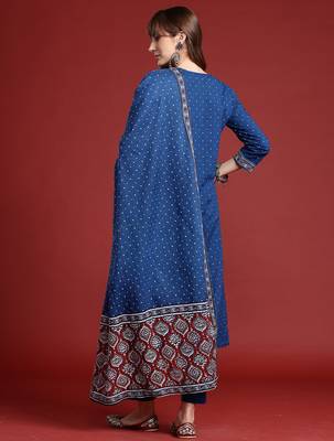 Blue printed pure cotton kurta trouser dupatta set 2