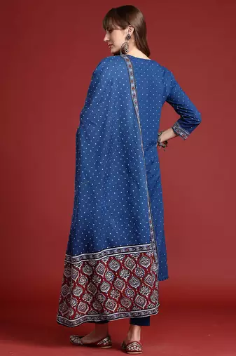 Blue printed pure cotton kurta trouser dupatta set