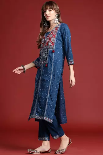 Blue printed pure cotton kurta trouser dupatta set