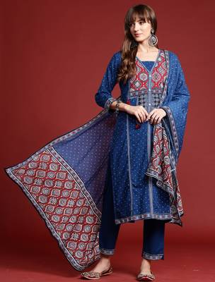 Blue printed pure cotton kurta trouser dupatta set 4