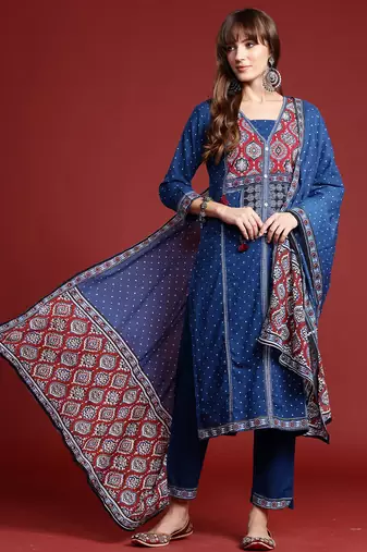Blue printed pure cotton kurta trouser dupatta set