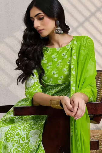 Green printed pure cotton kurta trouser dupatta set