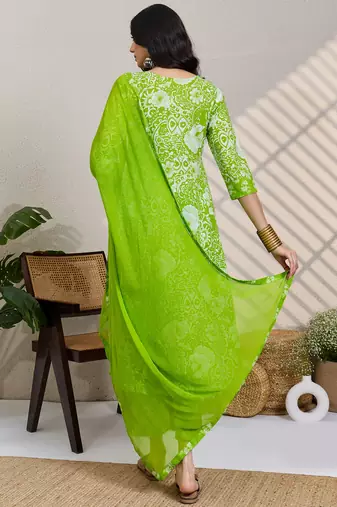 Green printed pure cotton kurta trouser dupatta set