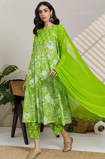 Green printed pure cotton kurta trouser dupatta set