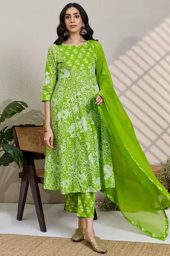 Green printed pure cotton kurta trouser dupatta set