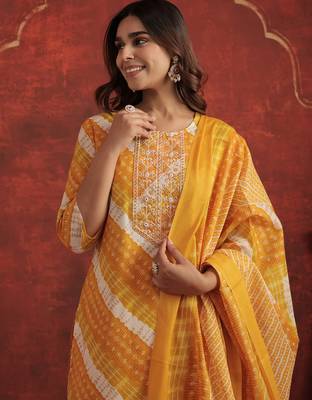 Mustard printed pure cotton kurta trouser dupatta set 1