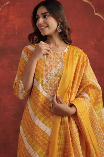 Mustard printed pure cotton kurta trouser dupatta set