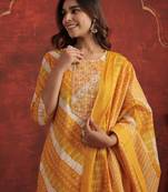 Mustard printed pure cotton kurta trouser dupatta set