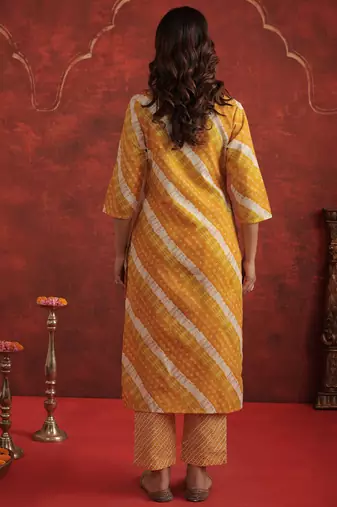 Mustard printed pure cotton kurta trouser dupatta set