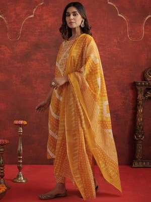 Mustard printed pure cotton kurta trouser dupatta set 3