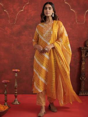 Mustard printed pure cotton kurta trouser dupatta set 4