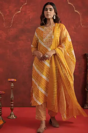 Mustard printed pure cotton kurta trouser dupatta set