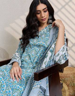 White printed pure cotton kurta trouser dupatta set 1