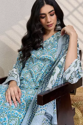 White printed pure cotton kurta trouser dupatta set