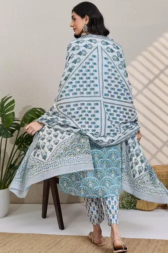 White printed pure cotton kurta trouser dupatta set
