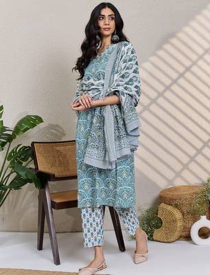 White printed pure cotton kurta trouser dupatta set 3