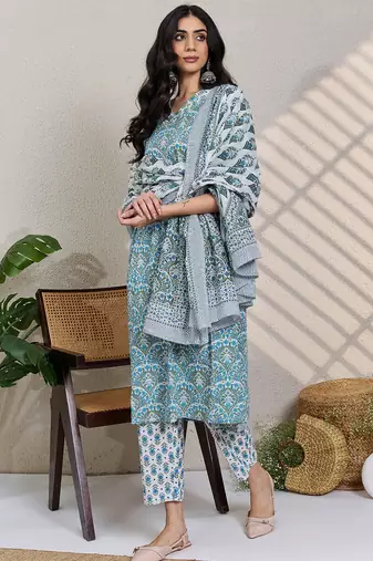 White printed pure cotton kurta trouser dupatta set