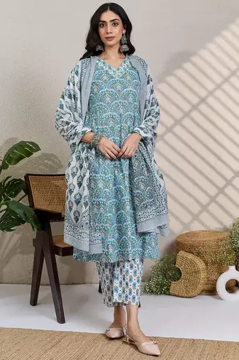 White printed pure cotton kurta trouser dupatta set