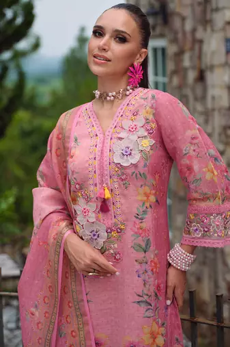 Pink embroidered linen kurta trouser dupatta set