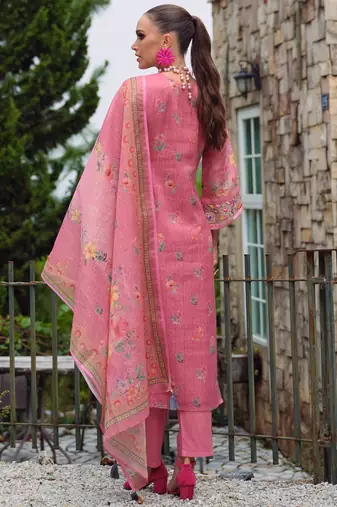 Pink embroidered linen kurta trouser dupatta set