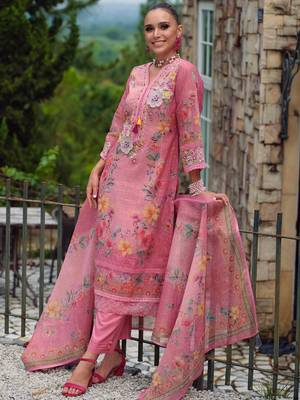 Pink embroidered linen kurta trouser dupatta set 3