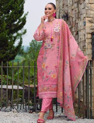 Pink embroidered linen kurta trouser dupatta set 4