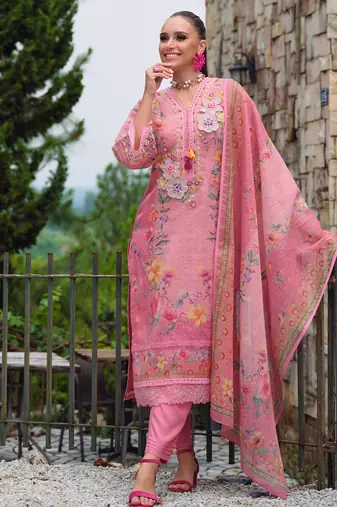 Pink embroidered linen kurta trouser dupatta set